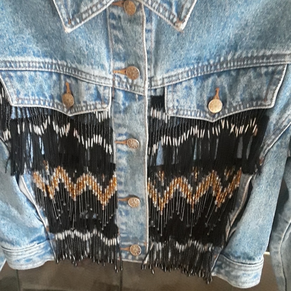 Blue Star Fringe & Beaded Crop Jean Jacket-M-#0050 - Picture 2 of 5